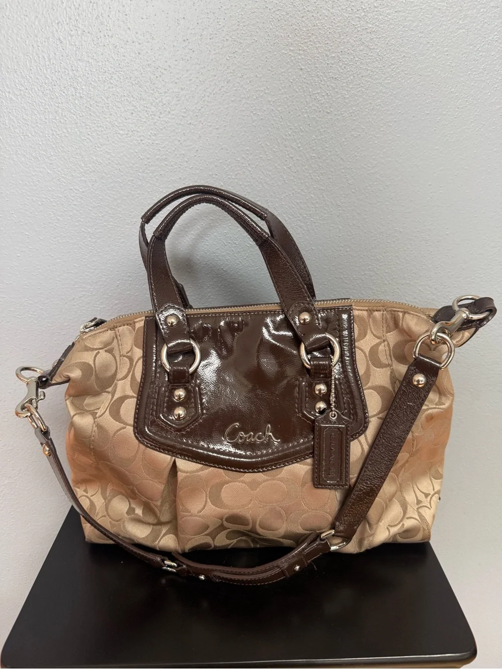 Coach Two-Tone Signature Satchel in Brown and Tan